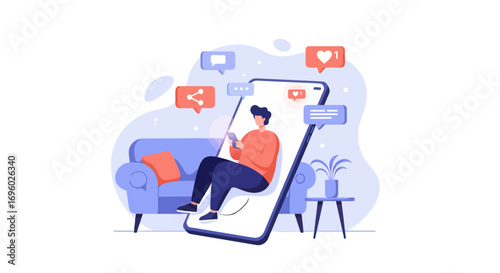 Person Relaxing on Sofa, Engaging with Digital Communication and Sharing Icons