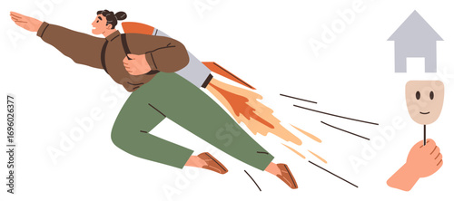 Woman with rocket jetpack flying upward, holding mask in hand. Ideal for growth, ambition, success, personal transformation, reaching goals, self-discovery motivation. Simple flat metaphor