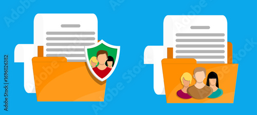 Protected and unprotected personal data in folders. Concept of data privacy, security, and information management system.