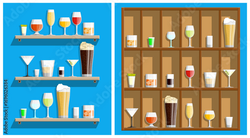 Different alcohol drinks glass flat style set. Bar or restaurant cafe shelves with various beverages. Drink collection. Cocktail, beer, wine.