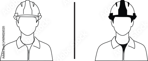 Safety First: A stark outline portrays two figures in construction attire, their heads encased in protective helmets, separated by a defining line.