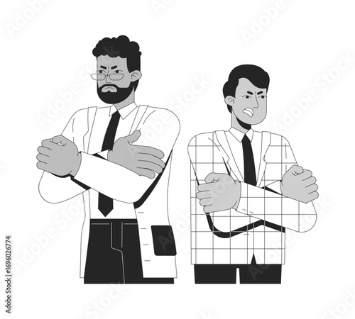 Two adversarial angry lawyers with arms crossed 2D line characters. Workplace conflict. Professional clash partners coworkers isolated vector ink outline people. Monochromatic spot illustration