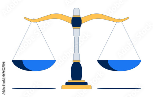 Balanced justice scale 2D cartoon object. Fairness, law, equality and legal judgment. Balance weight comparison. Courtroom symbol isolated element flat vector clip art on white. Spot illustration