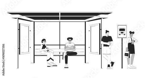 Diverse commuters waiting at bus stop doodle lineart illustration. Public busstop daily routine. Morning commuting people 2D line ink characters isolated on white. Monochrome vector outline hand-drawn