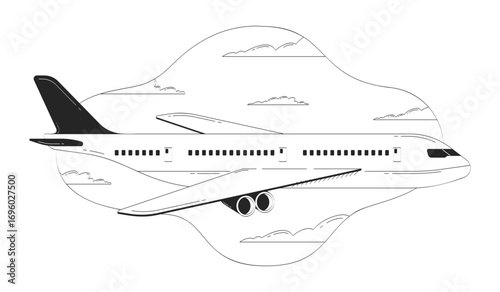 Airplane flying through sky and clouds doodle lineart illustration. Passenger jet soaring. Air travel. Commercial plane flight 2D line ink scene isolated on white. Monochrome vector outline hand-drawn