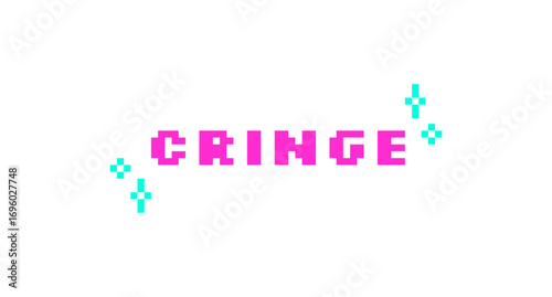 Cringe pink pixel art social media slang word. Gen z awkward, embarrassment lingo. Dislike, ugh feeling. Meme reaction. Retro video game 8 bit typography with kawaii sparkles. Silkscreen font used