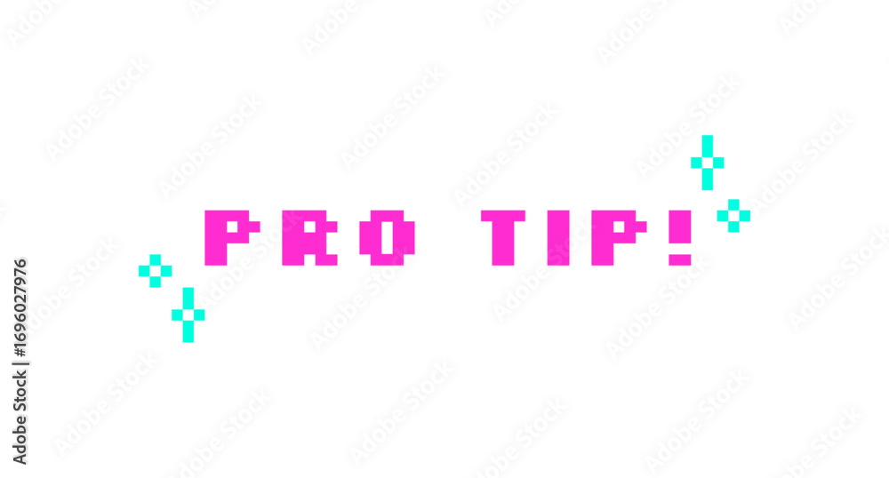 Obraz premium Pro tip pink pixel art social media slang word. Professional expert advice. Useful hint. Helpful tutorial. Solving problem. Retro video game 8 bit typography with kawaii sparkles. Silkscreen font used