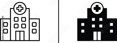 Hospital Building Silhouette: Minimalist black and white illustration captures the essence of a hospital building, featuring iconic cross symbol, evoking themes of healthcare, medicine.