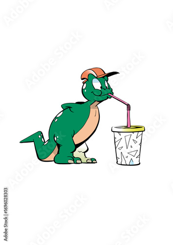 Little cute dinosaur with cap drinking from a mug with a straw