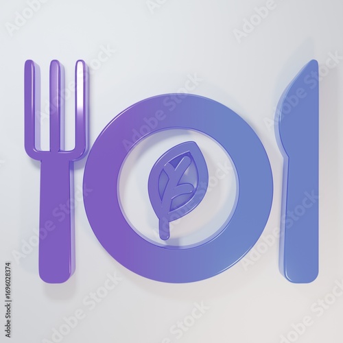 Purple-blue Vegan food diet icon isolated on grey background. Organic, bio, eco symbol. Vegan, no meat, lactose free, healthy, fresh and nonviolent food. Minimalism concept. 3D render illustration