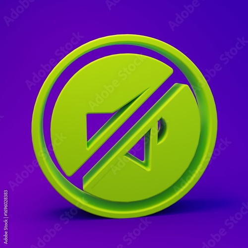Green Speaker mute icon isolated on purple-blue background. No sound icon. Volume Off symbol. Minimalism concept. 3D render illustration