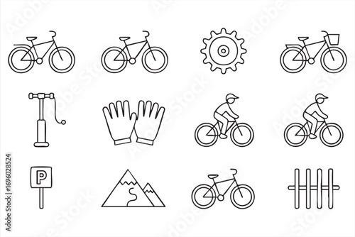 Minimalist Line Icons of Cycling Equipment, Bike Racks, and Riders for Fitness and Recreation