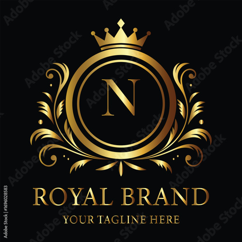 Elegant Gold Monogram "N" with Crown and Floral Embellishments