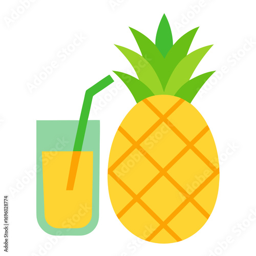 Yellow pineapple fruit and glass of juice drink vector on white background.