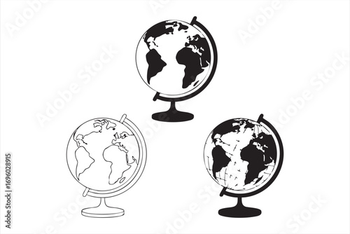 Vector Globe Icons Featuring World Map and Continents in Solid and Outline Styles