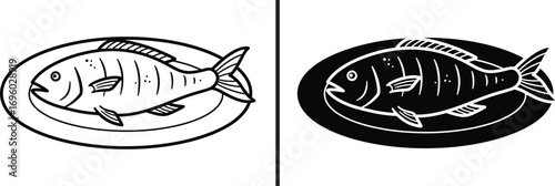 Monochromatic Seafood: A side-by-side display of a single fish on a plate, rendered in both stark black and white, offering a visually contrasting perspective on culinary simplicity.