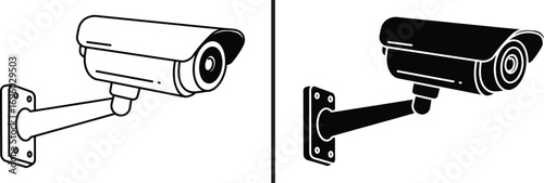Surveillance Camera Icon: a striking visual of a security camera, presented in both monochrome and solid black, ideal for conveying themes of protection and vigilant observation.