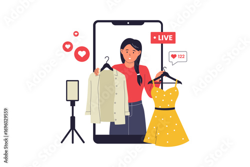 Live Shopping and E-commerce Stream Illustration. Modern Illustration of a Woman Selling Products Online Through a Live Video Feed on her Smartphone. Flat Vector Illustration