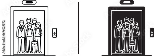 Elevator in Perspective: A depiction of people gathered together in an elevator, suggesting togetherness, transport, and a shared experience.