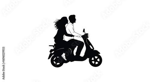 a couple riding together on a scooter silhouette