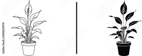 Plant Silhouette: A minimalist line drawing gracefully showcases a houseplant in a pot, revealing both its detailed outline and a solid silhouette, separated by a singular vertical line.