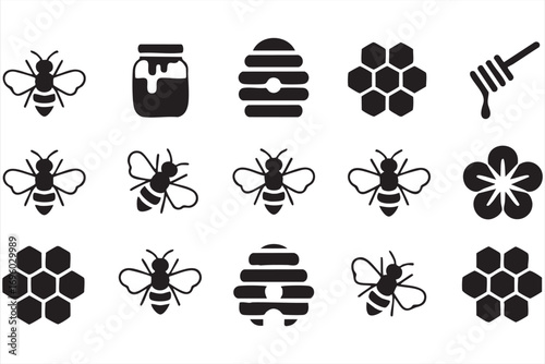 Bee and Honey Icon Set Including Jar, Dipper, Honeycomb, and Beekeeping Symbols