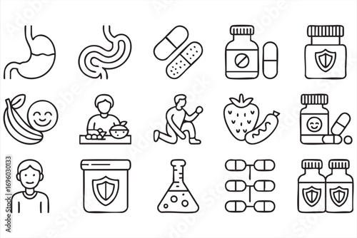 Vector Collection of Health Icons with Stomach, Intestines, Supplements, and Medical Care Symbols