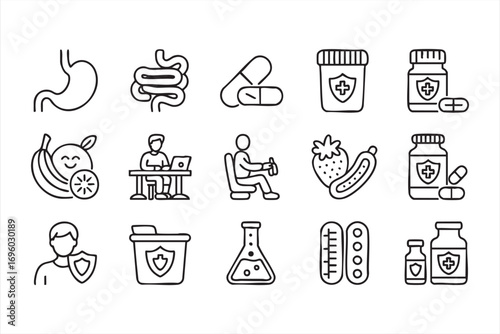 Vector Line Icons of Health and Nutrition Including Supplements, Exercise, and Healthy Food Symbols