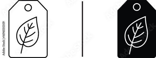 Eco-Tag Icon: Two minimalist icons of an eco-friendly tag, each featuring a simple leaf design. Symbolizing sustainability, environment, and conservation in a visually appealing, ready-to-use style.