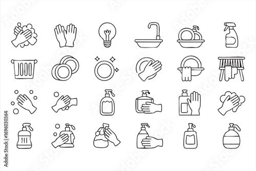 Household Dishwashing Icons Set in Outline Style Featuring Plates, Spray Bottles, and Trash Bin