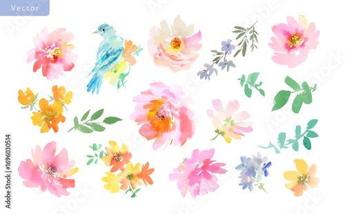 Watercolor floral clipart set with abstract hand painted pink peonies, wildflowers, blue bird and leaves. Vector files. Elegant floral illustrations for wedding invitations, card deign and stationery.