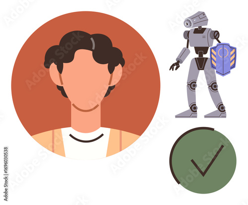 Faceless head inside circle, humanoid robot holding shield, and green check mark. Ideal for technology, identity, security, AI, digital verification automation innovation. Simple flat metaphor