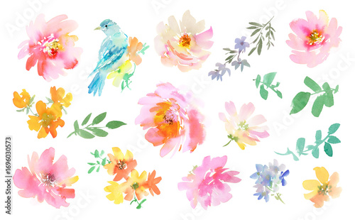 Watercolor floral clipart set with abstract hand painted pink peonies, wildflowers, blue bird and leaves. PNG files. Elegant floral illustrations for wedding invitations, card deign and stationery.
