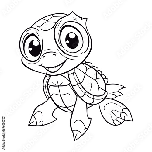 Coloring Page Of cartoon cute baby Green Turtle kawai Coloring Book for kids.