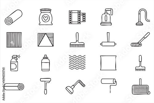 Household Cleaning Tools Icon Set in Outline Style Featuring Detergent, Cloth, and Floor Care Symbols