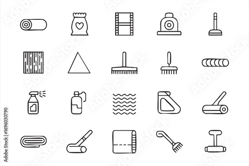 Vector Line Icons of Cleaning Equipment Including Vacuum Cleaner, Mop, Broom, and Spray Bottle