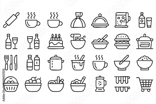 Minimalist Vector Icons of Cooking, Baking, and Dining Essentials for Food Industry Design