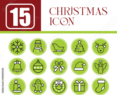 A festive Christmas icon set featuring holiday symbols including a snowflake, snowman, sleigh, bells, Christmas ornament, mistletoe, candles, gingerbread man, Christmas wreath, Christmas tree