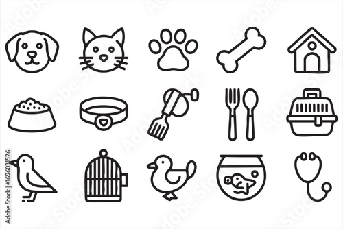 Animal Care Icon Set Featuring Grooming, Food, Veterinary, and Pet Supplies in Outline Style