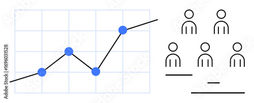 Line graph showing growth with data points and a grid, paired with six simplified team icons. Ideal for business growth, analysis, teamwork, data visualization, performance, strategy, simple landing
