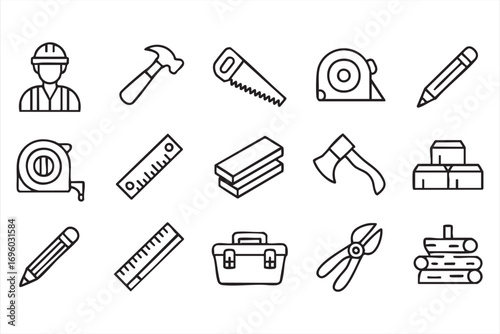 Timber and Building Tools Vector Icons Toolbox Saw Hammer Pencil