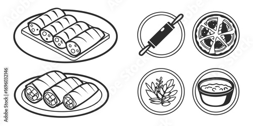 Food Icons Spring Rolls Rolling Pin Pizza Herbs Dip.
