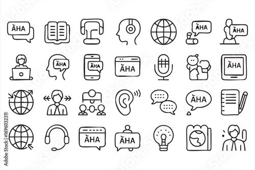 Language App and E-Learning Icons for Speaking Listening and Understanding