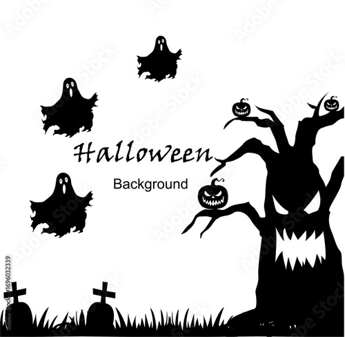 Modern Halloween silhouette vector illustration with graveyard, pumpkins, ghosts, and trees on a white background. Decorate your design for poster banners, greeting cards, and Halloween party invitati