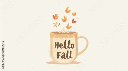 Fall Coffee Cup Vector – “Hello Fall” Text, Steam, Leaves, Cozy Seasonal Design