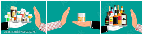 Man hand refuses alcohol offered by another man on tray. Concept of sober lifestyle and addiction prevention template.