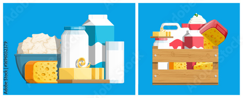 Farm dairy food set. Cheese, milk, butter and sour cream. Fresh natural milk product delivery. Food ingredients for breakfast. Healthy nutrition vector illustration.