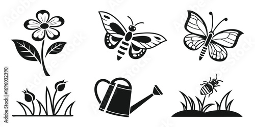 Garden Icons Flower Butterflies Tulips Watering Can Bee.