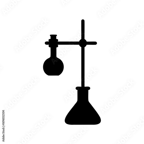 Laboratory apparatus setup with Erlenmeyer flask and round bottom flask silhouette