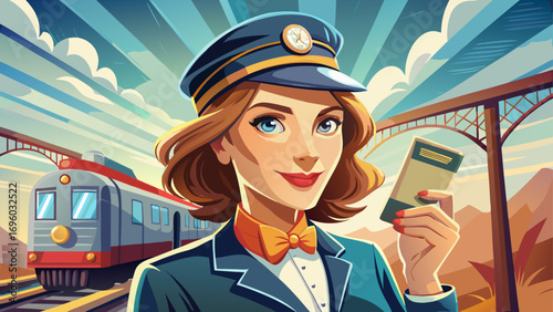 Close-up portrait of female train conductor holding ticket punch. Isolated background conveys professionalism, precision, and railway charm.